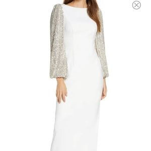 Eliza J Crepe V-Beck Gown With Sequin Long Sleeves